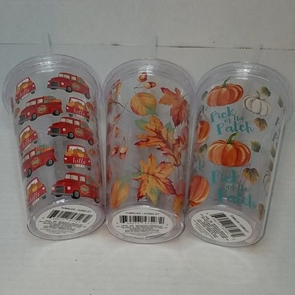 Fall Travel Tumbler Cold Cup Straw Autumn Cold Pumpkins Red Trucks Leaves16 OZ - Picture 3 of 6